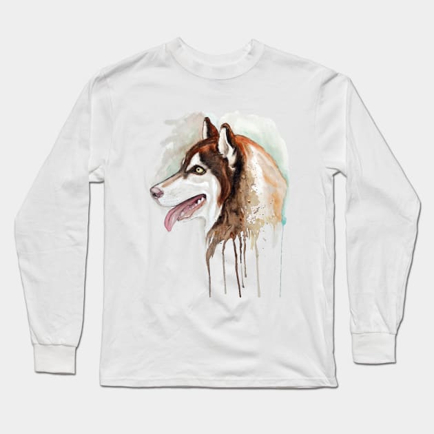 Brown Husky Profile Portrait Long Sleeve T-Shirt by Marian Voicu